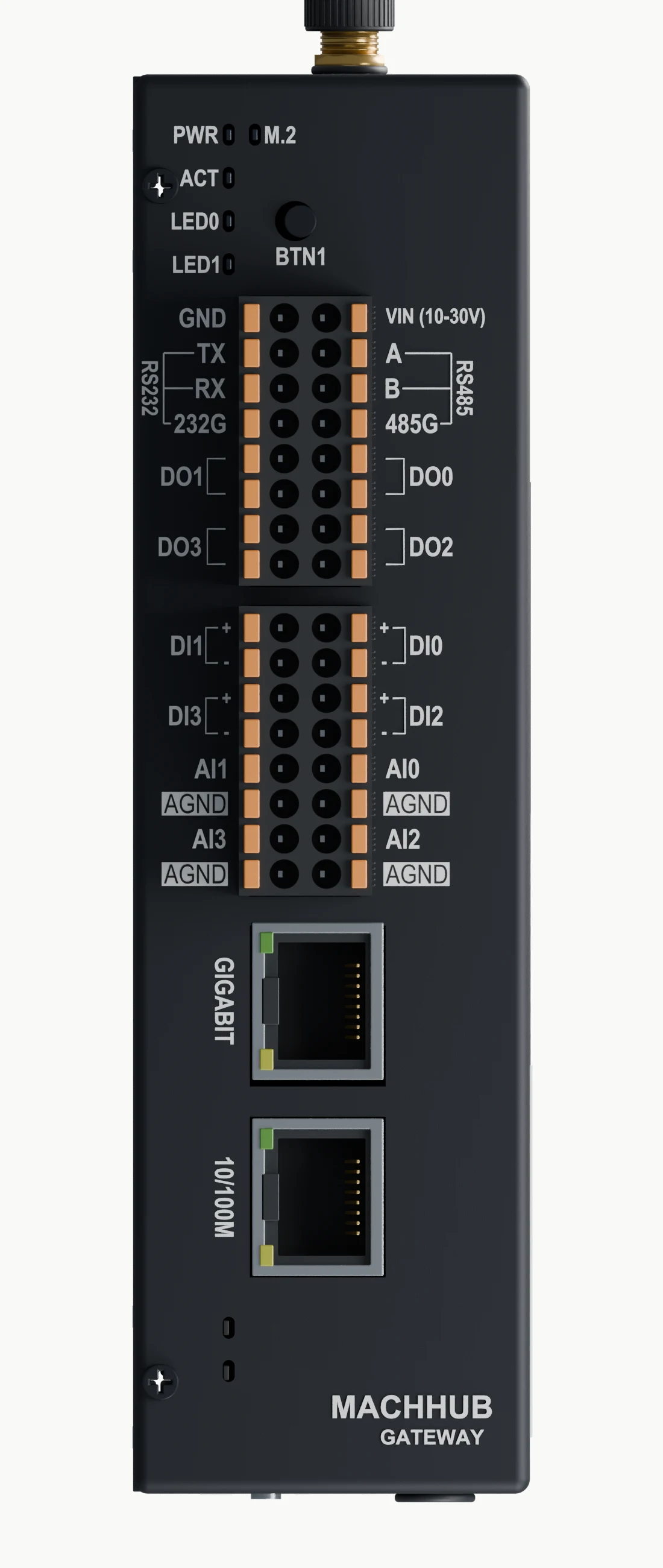 The terminal legends on the MCH-A5: power in at 10 to 30 V, RS-232 and RS-485 pairs, four digital outputs, four digital inputs, and four analogue inputs with their grounds.
