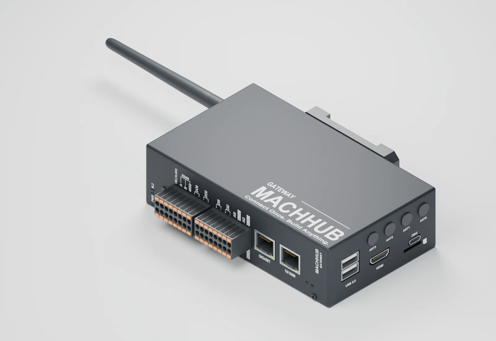The MACHHUB Gateway MCH-A5, seen from above: terminal blocks, two Ethernet ports, USB, HDMI and the antenna.