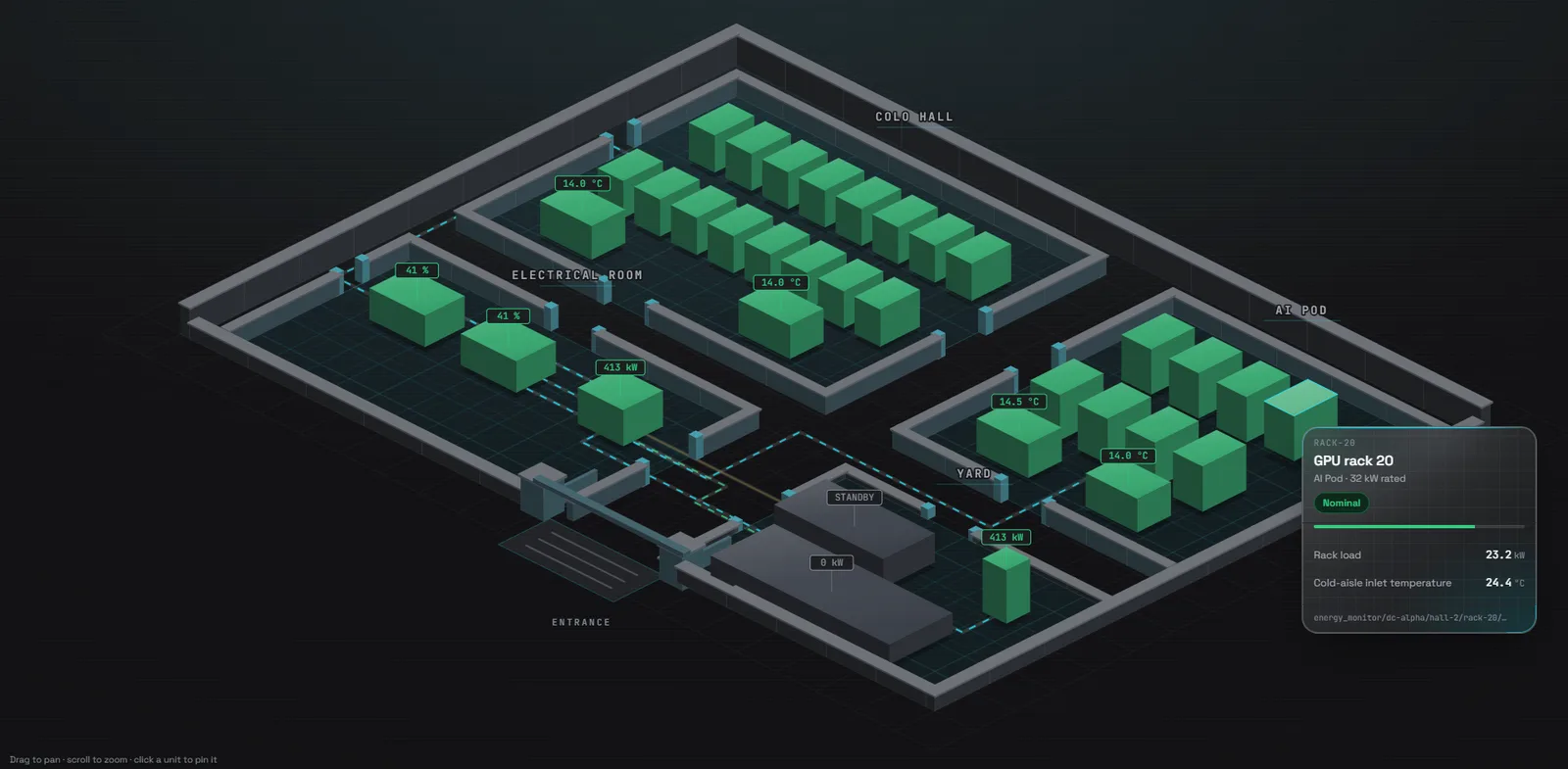 An isometric floor plan of a data centre with live load and temperature on each rack