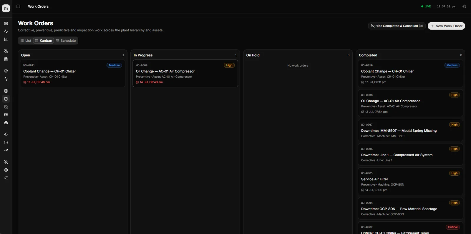 Work orders on a kanban board, from open through to completed