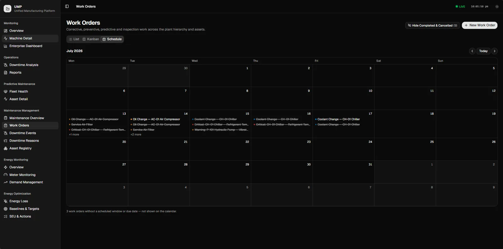 The work order schedule for a month, showing preventive and corrective jobs