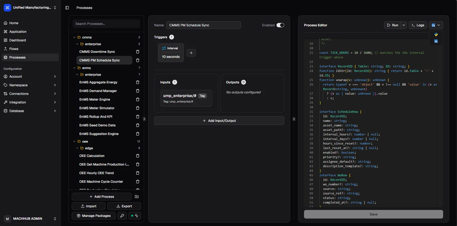 The process editor, showing a trigger, inputs and the code that runs